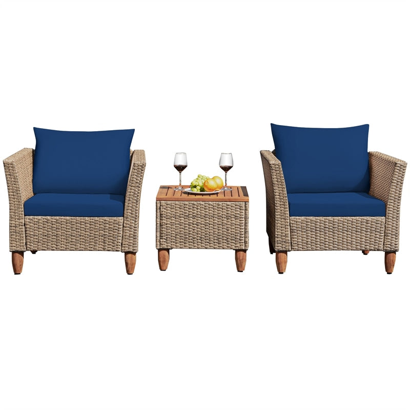 3-Piece Rattan Bistro Sofa Set Wicker Patio Furniture Set with Cushions & Side Table