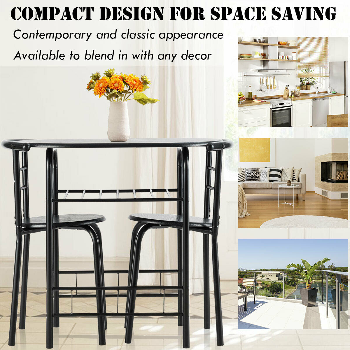 3-Piece Space-Saving Bistro Set for Kitchen and Patio with Wine Rack