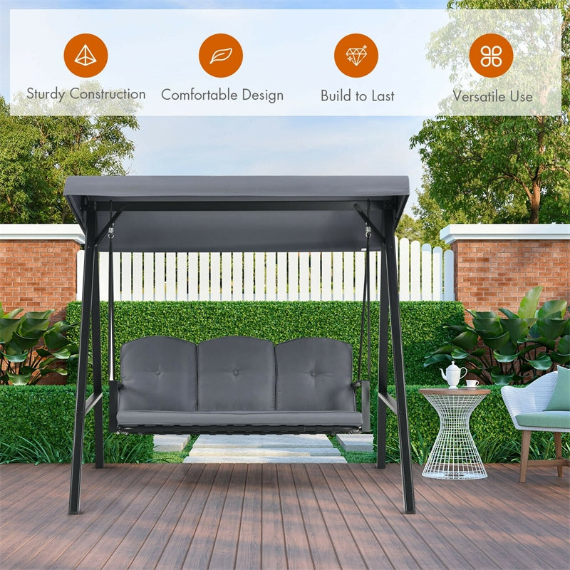 3-Seat Outdoor Porch Swing with Adjustable Tilt Canopy & Removable Cushions