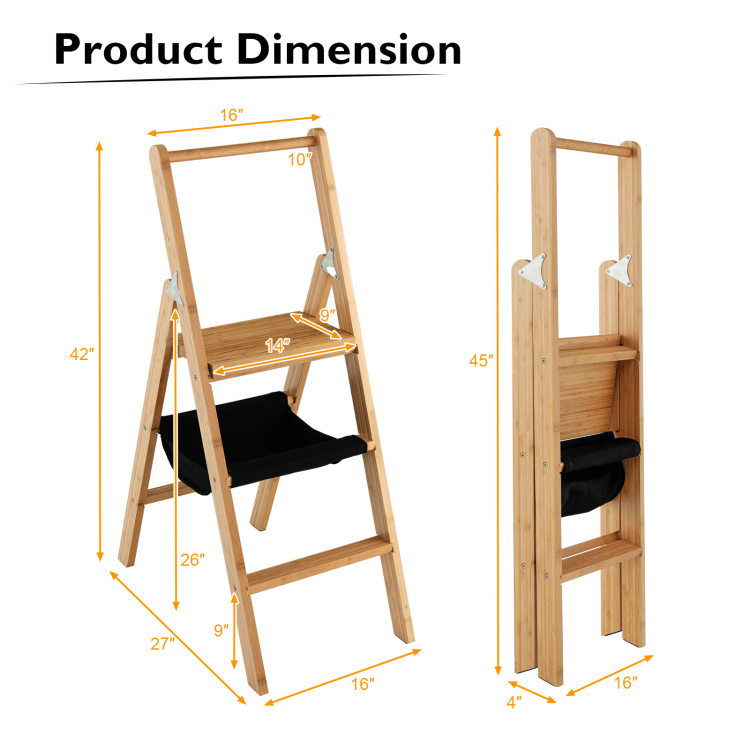 3-Step Foldable Bamboo Step Ladder Stool with Tool Storage Bag