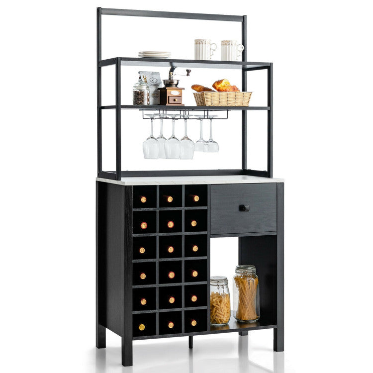 3-Tier Kitchen Bakers Rack Wine Rack Table with Removable Glass Holder and Drawer