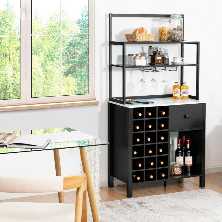 3-Tier Kitchen Bakers Rack Wine Rack Table with Removable Glass Holder and Drawer