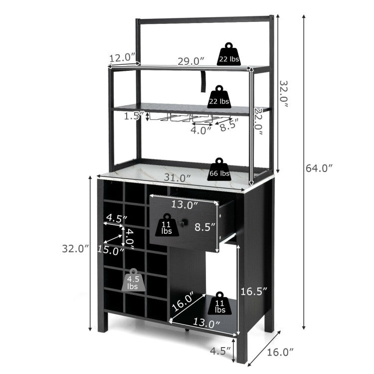 3-Tier Kitchen Bakers Rack Wine Rack Table with Removable Glass Holder and Drawer