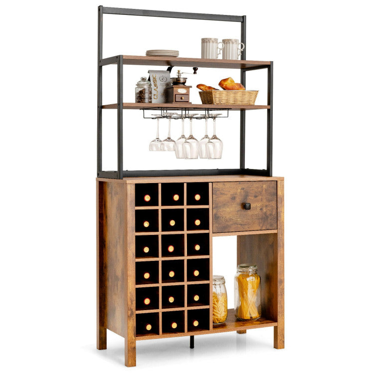 3-Tier Kitchen Bakers Rack Wine Rack Table with Removable Glass Holder and Drawer
