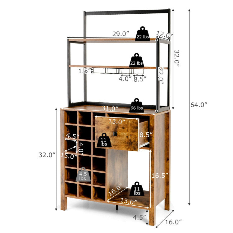 3-Tier Kitchen Bakers Rack Wine Rack Table with Removable Glass Holder and Drawer