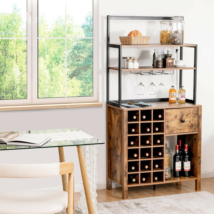 3-Tier Kitchen Bakers Rack Wine Rack Table with Removable Glass Holder and Drawer