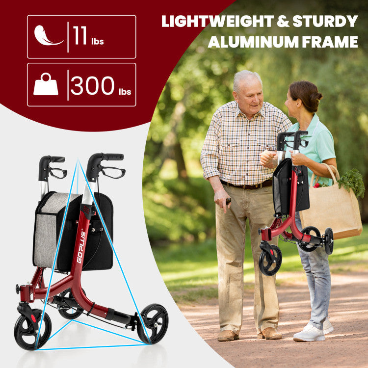 3-Wheel Folding Rolling Rollator Walker with Adjustable Handle and Shopping Bag