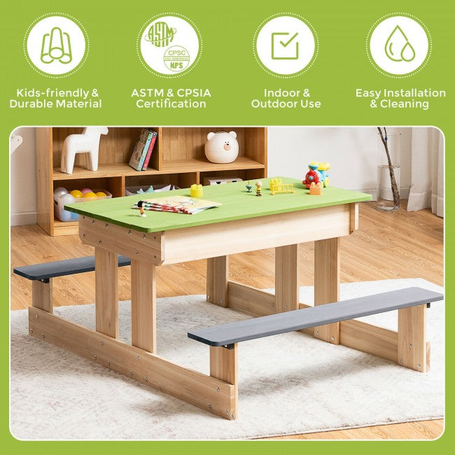 3-in-1 Wooden Kids Table and Chair Set  for Outdoor with Play Sandboxes