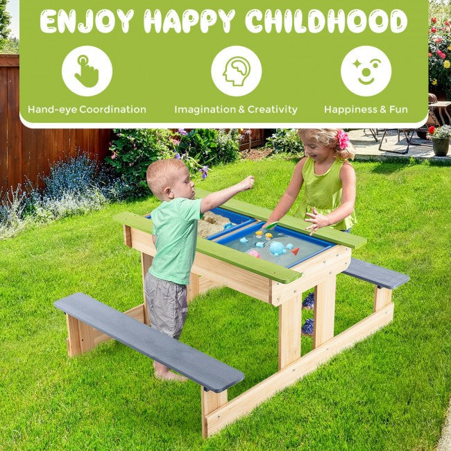 3-in-1 Wooden Kids Table and Chair Set  for Outdoor with Play Sandboxes