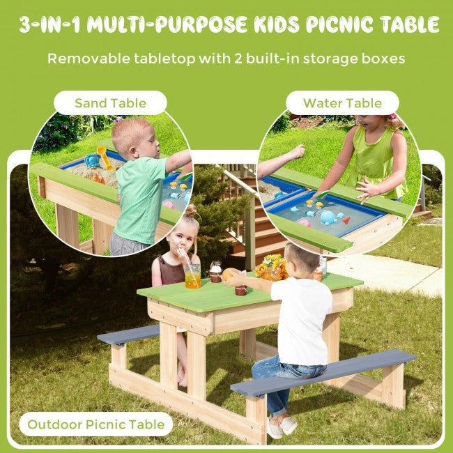 3-in-1 Wooden Kids Table and Chair Set  for Outdoor with Play Sandboxes