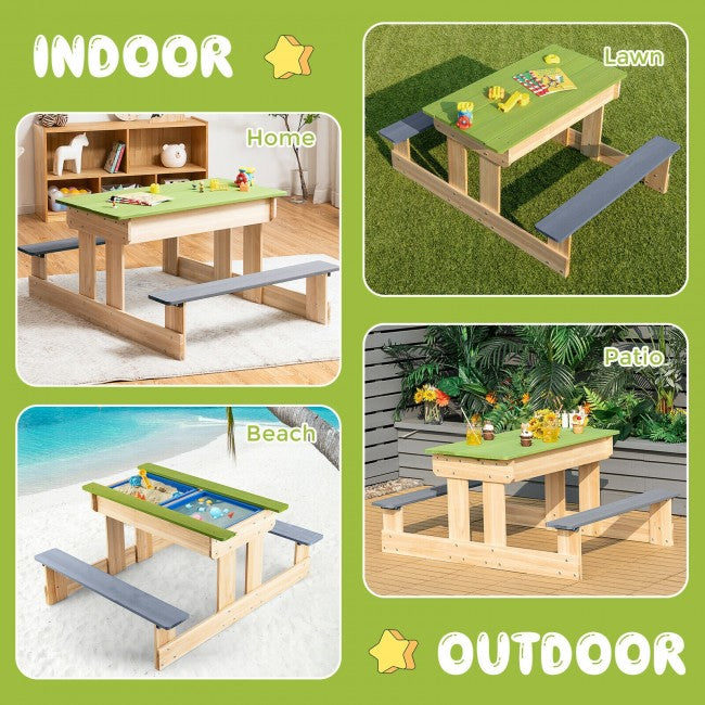 3-in-1 Wooden Kids Table and Chair Set  for Outdoor with Play Sandboxes