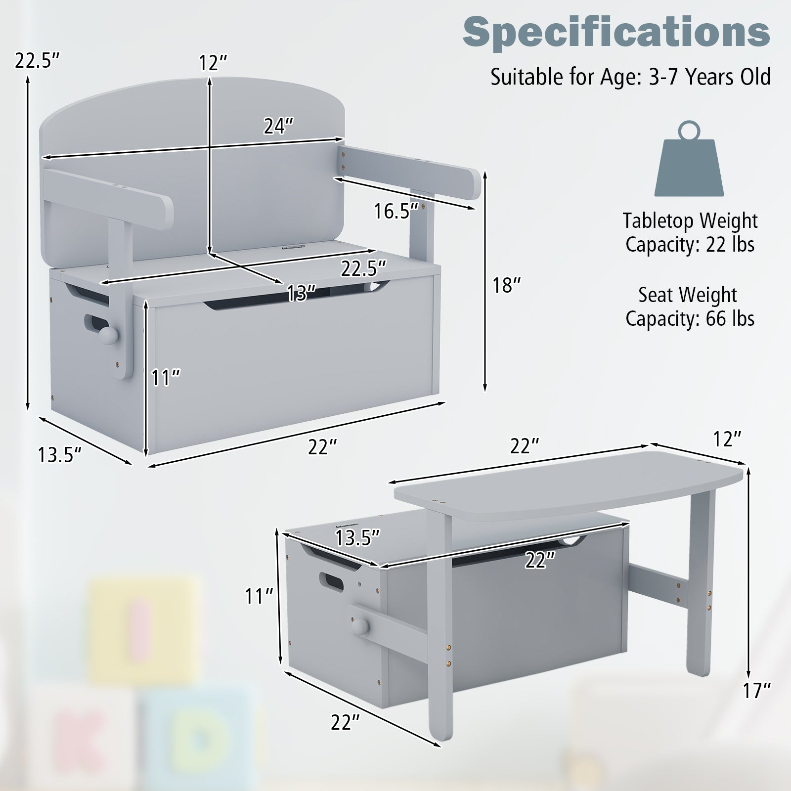 3-in-1 Kids Wooden Activity Table and Chair Set with Convertible Storage Bench