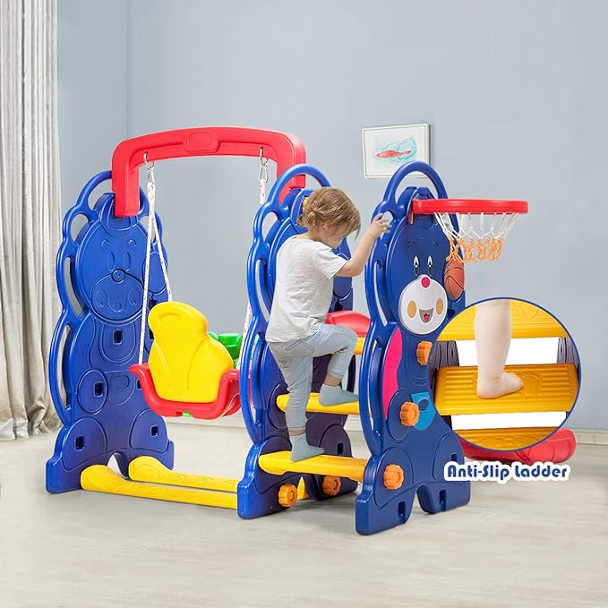 3-in-1 Toddler Climber and Kids Swing Playset with Basketball Hoop