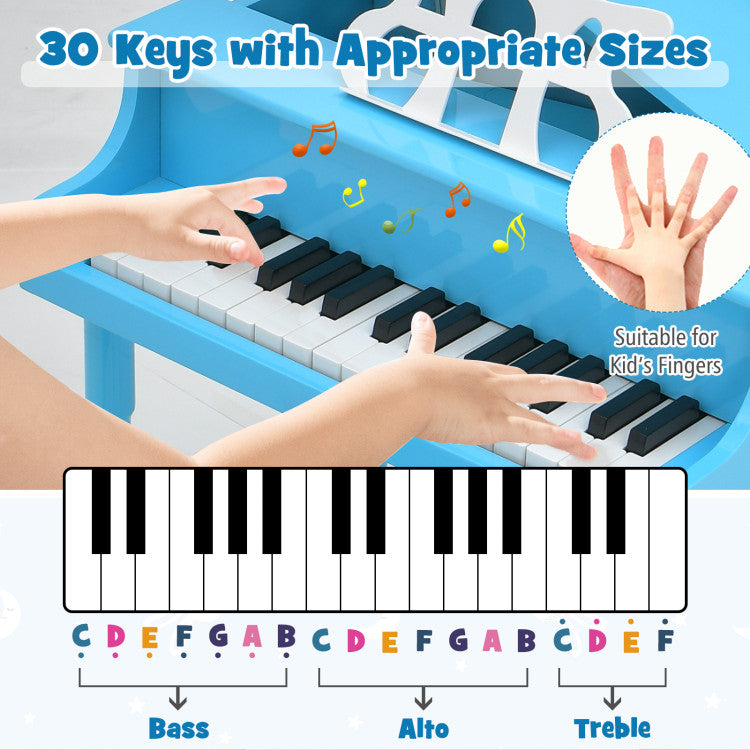 30-Key Wood Toy Kids Grand Piano with Bench and Music Rack for 3-8 Years Kids