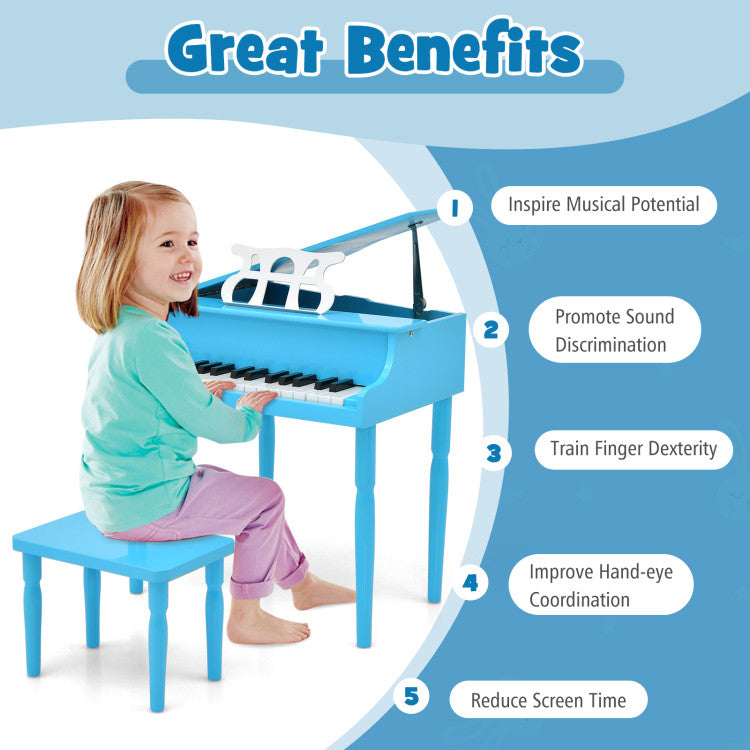 30-Key Wood Toy Kids Grand Piano with Bench and Music Rack for 3-8 Years Kids