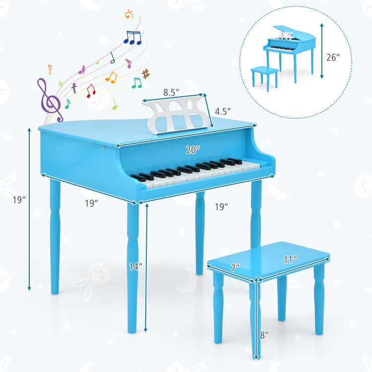 30-Key Wood Toy Kids Grand Piano with Bench and Music Rack for 3-8 Years Kids