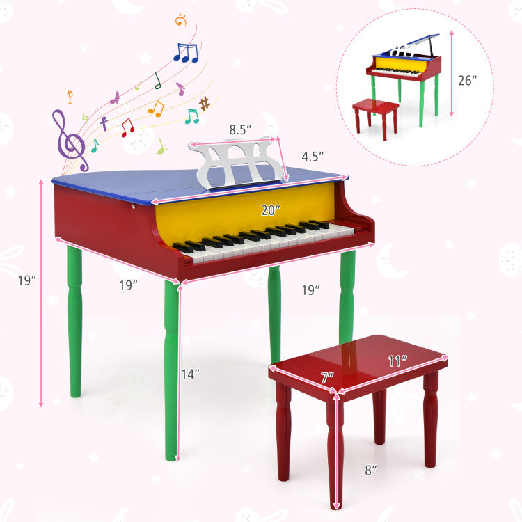 30-Key Wood Toy Kids Grand Piano with Bench and Music Rack for 3-8 Years Kids