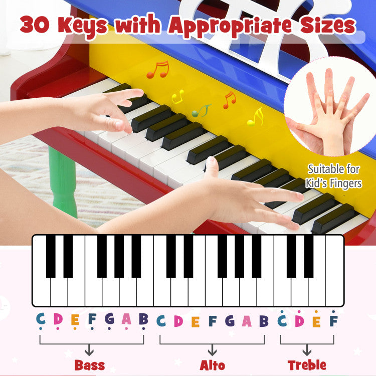 30-Key Wood Toy Kids Grand Piano with Bench and Music Rack for 3-8 Years Kids