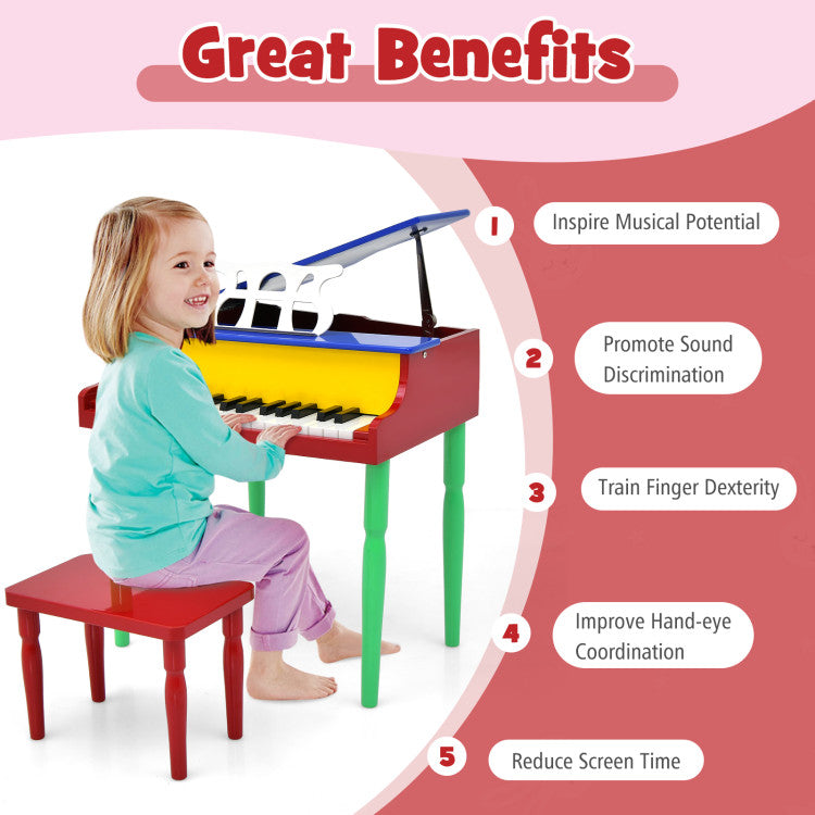 30-Key Wood Toy Kids Grand Piano with Bench and Music Rack for 3-8 Years Kids