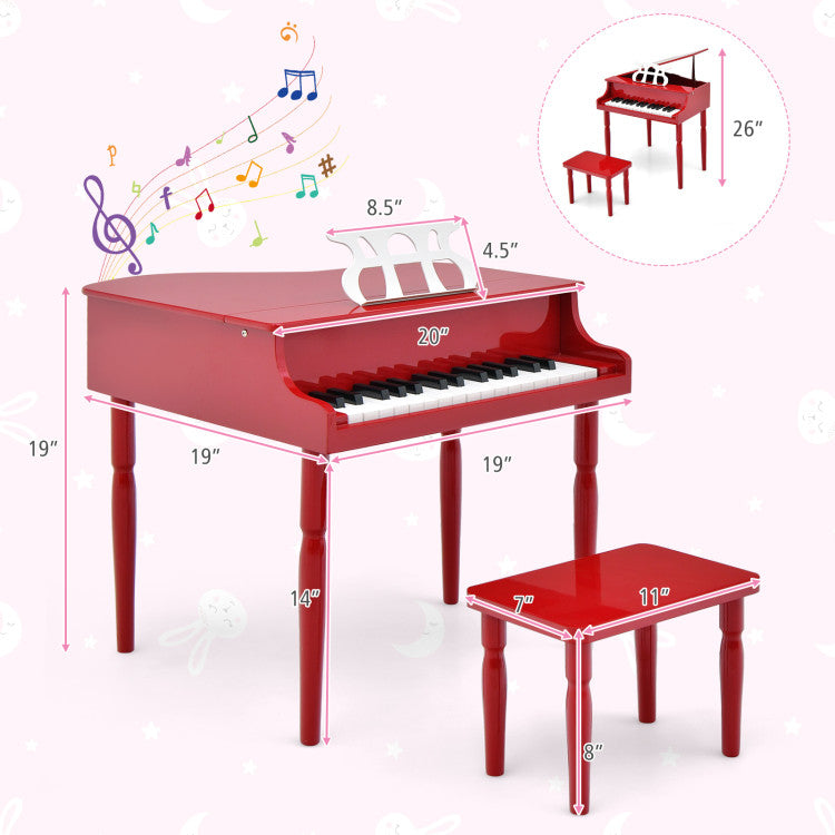 30-Key Wood Toy Kids Grand Piano with Bench and Music Rack for 3-8 Years Kids