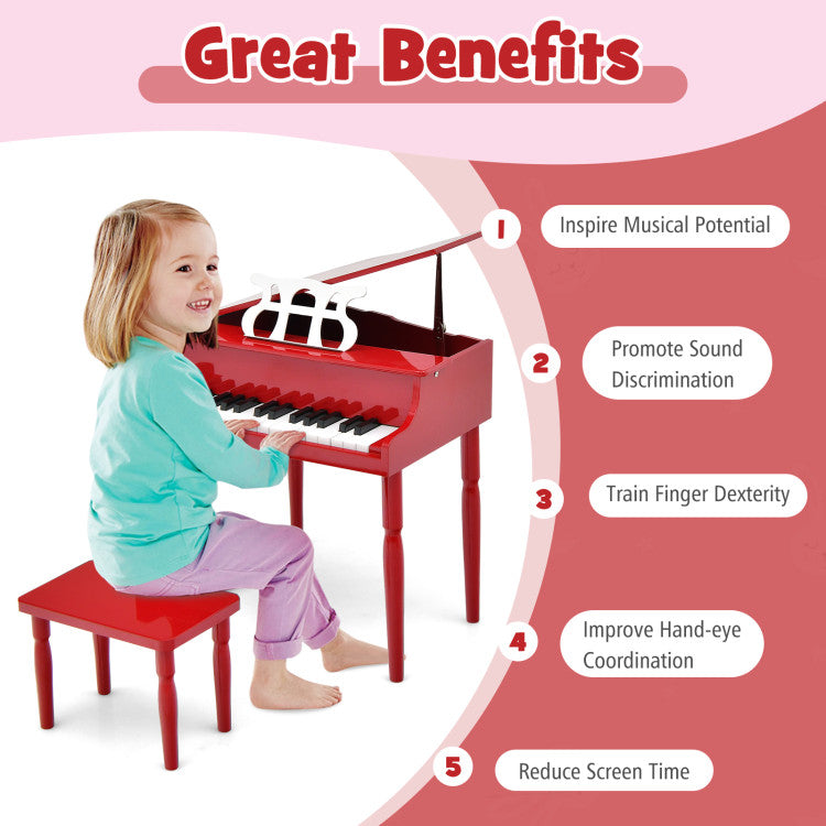 30-Key Wood Toy Kids Grand Piano with Bench and Music Rack for 3-8 Years Kids