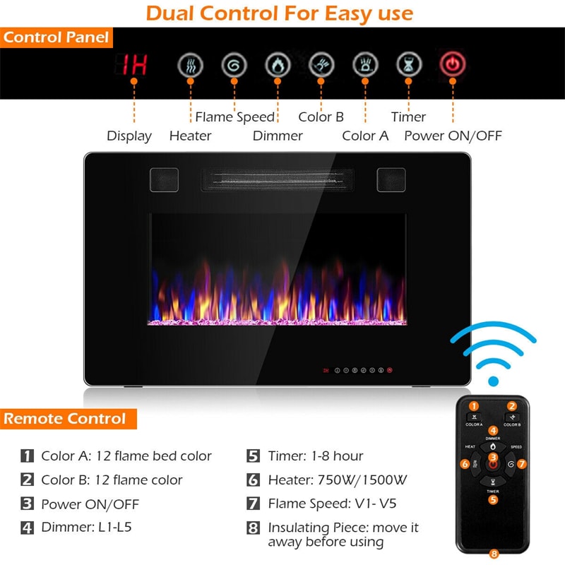 30" Recessed Electric Fireplace Ultra Thin Wall Mounted Fireplace with Touch Screen