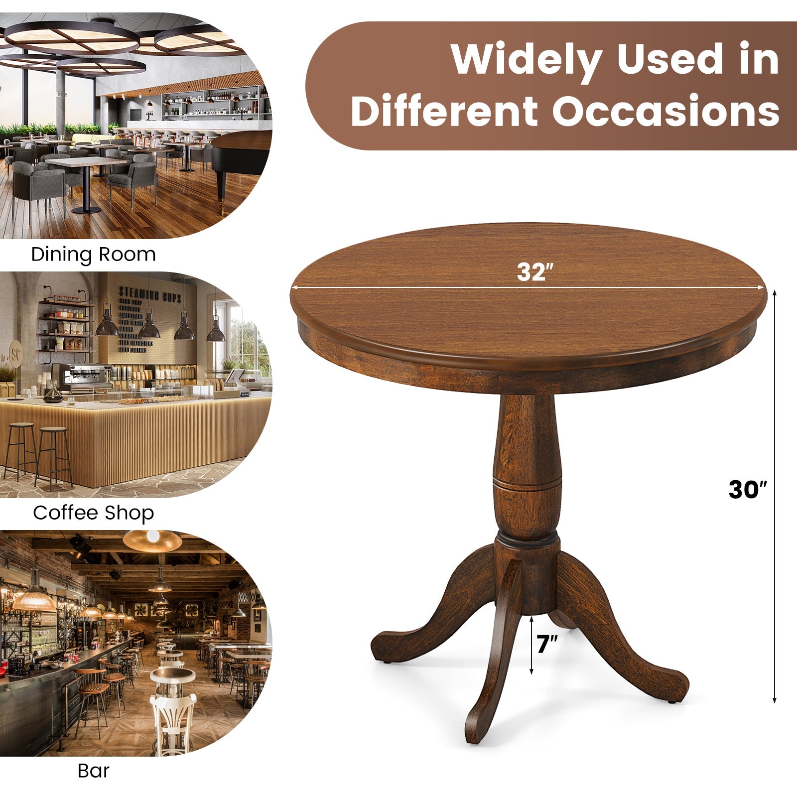 32'' Wooden Round Pub Pedestal Side Table with Adjustable Foot Pads for Bar, Kitchen, Dining Room