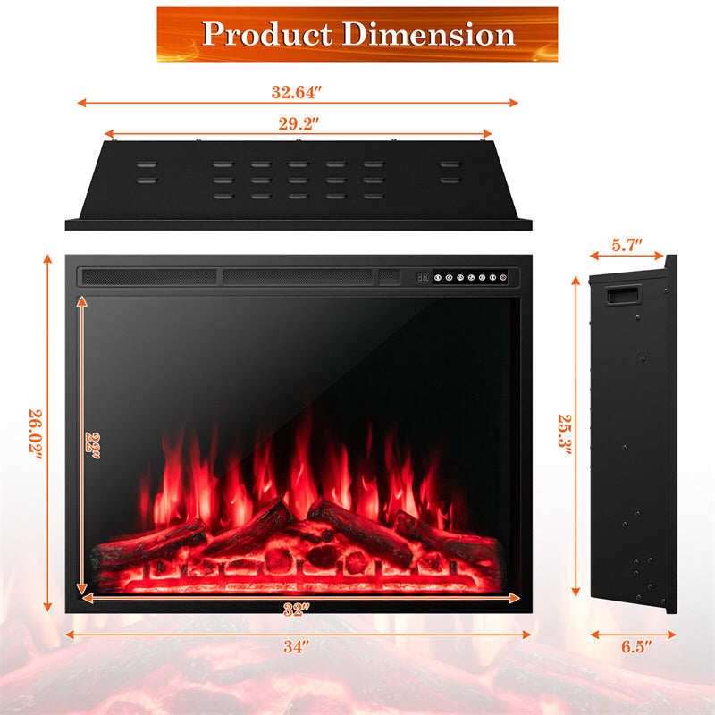 34" Electric Fireplace Insert Recessed Freestanding Fireplace Heater with Touch Panel, Remote Control & 4 Log Flame Effects