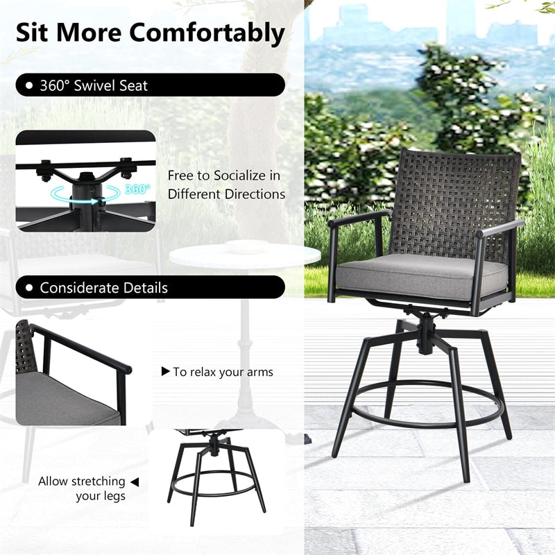 360° Swivel Outdoor Bar Stool Set of 2 Metal Frame Counter Height Bar Chairs with PE Rattan Backrests & Padded Cushions for Yard Balcony