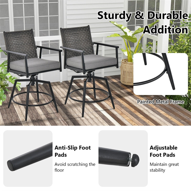 360° Swivel Outdoor Bar Stool Set of 2 Metal Frame Counter Height Bar Chairs with PE Rattan Backrests & Padded Cushions for Yard Balcony