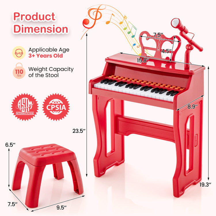 37 Keys Kids Music Piano with Microphone and Detachable Music Stand