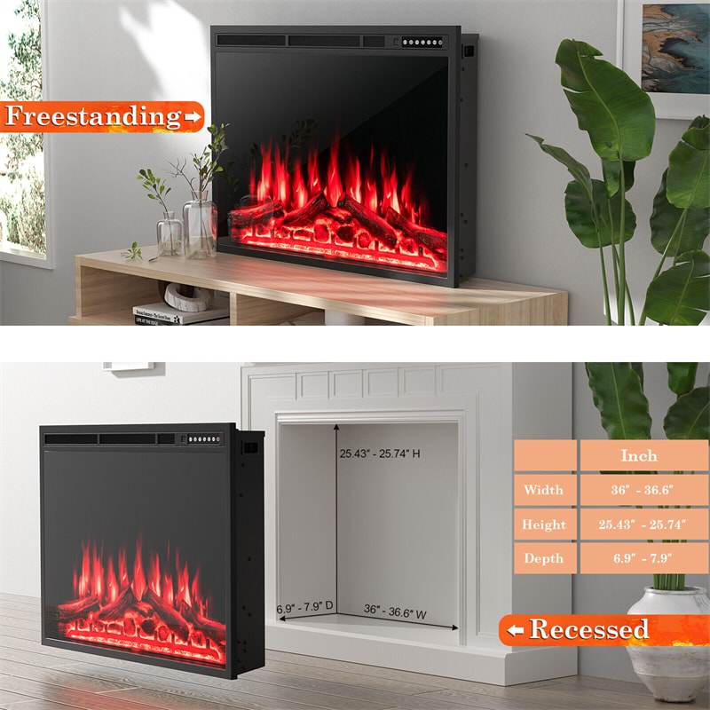 37" Electric Fireplace Insert Recessed Freestanding Fireplace Heater with Touch Panel, Remote Control & 4 Log Flame Effects