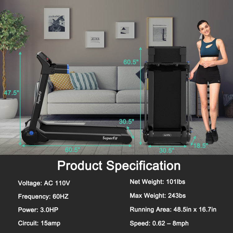 3HP Electric Folding Treadmill with Bluetooth Speaker and HD Digital Display