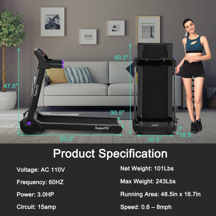 3HP Electric Folding Treadmill with Bluetooth Speaker and HD Digital Display