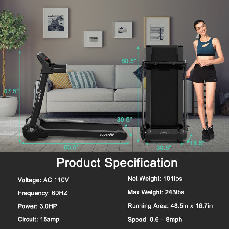 3HP Electric Folding Treadmill with Bluetooth Speaker and HD Digital Display