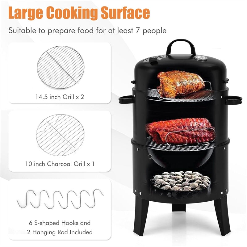 3 In 1 Portable Round Charcoal Smoker 2-Layer Outdoor BBQ Smoker Grill Built-in Thermometer