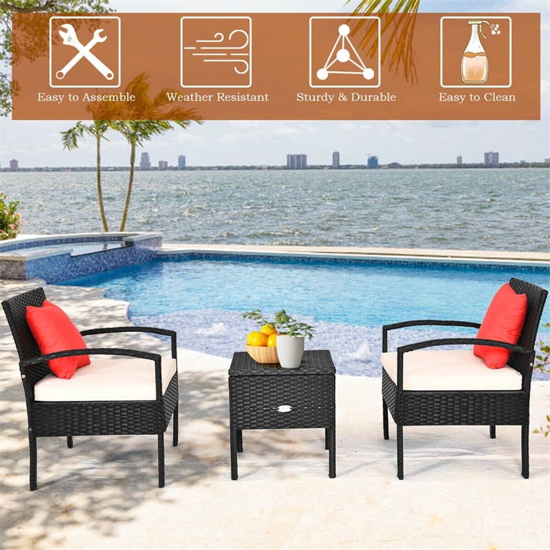 3PCS PE Rattan Wicker Patio Conversation Set with Cushions & Coffee Table