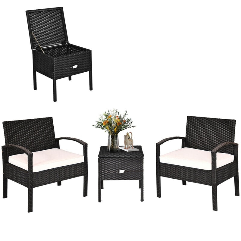 3PCS PE Rattan Wicker Patio Conversation Set with Cushions & Coffee Table