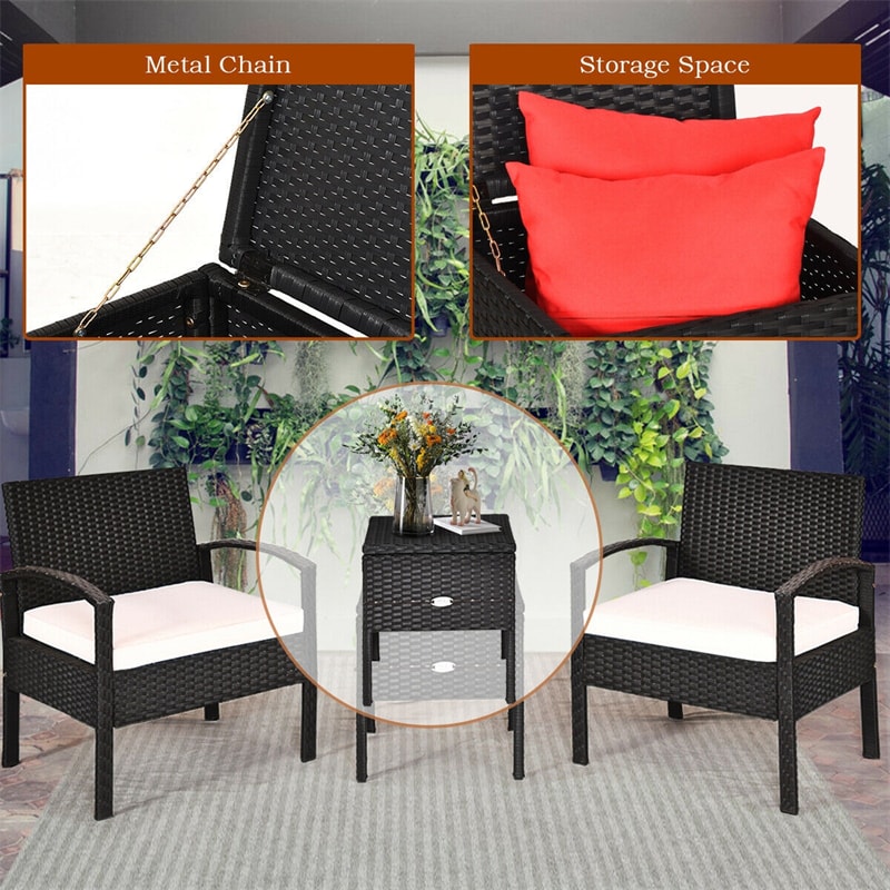 3PCS PE Rattan Wicker Patio Conversation Set with Cushions & Coffee Table