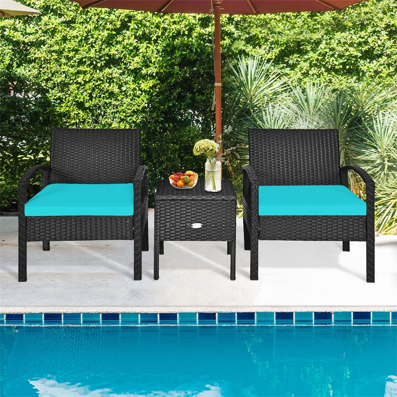 3PCS PE Rattan Wicker Patio Conversation Set with Cushions & Coffee Table