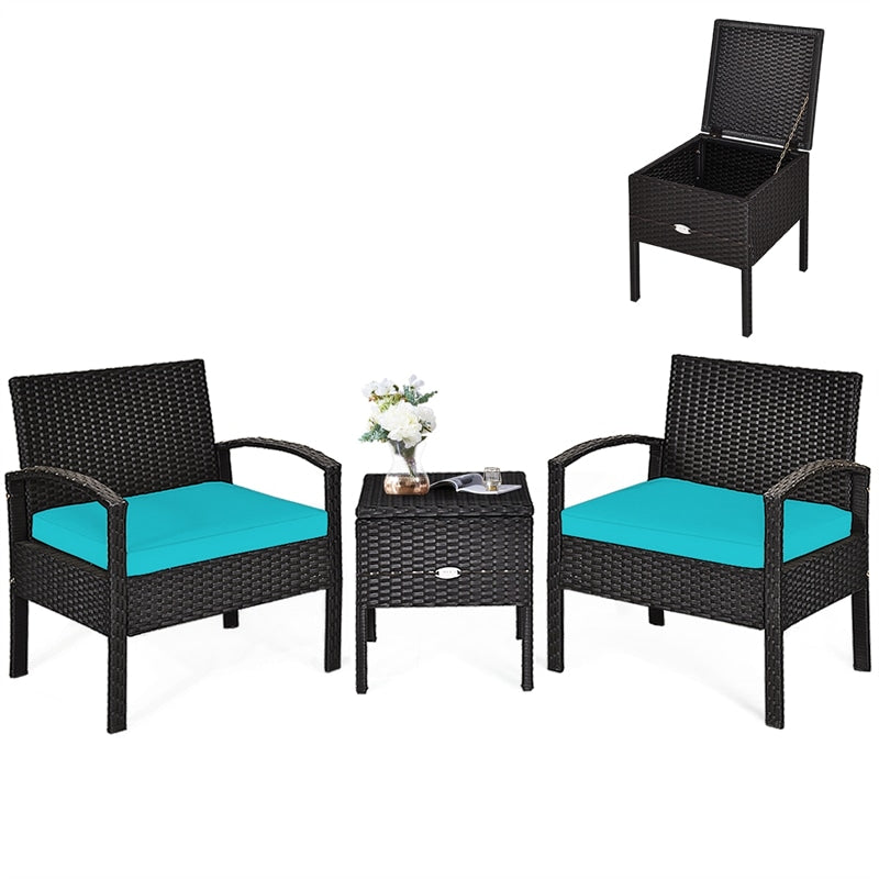 3PCS PE Rattan Wicker Patio Conversation Set with Cushions & Coffee Table