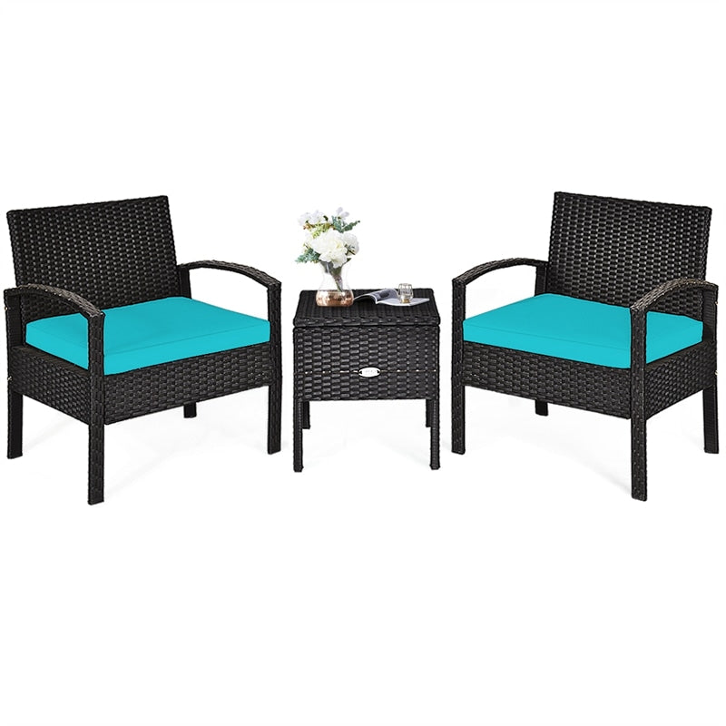 3PCS PE Rattan Wicker Patio Conversation Set with Cushions & Coffee Table