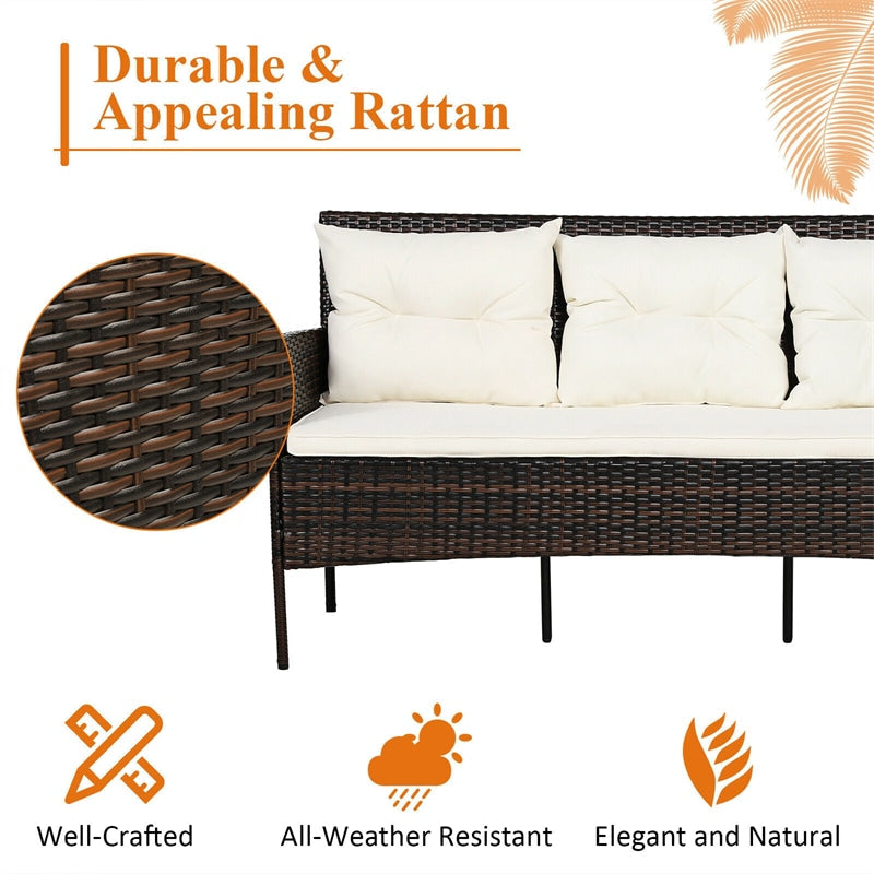 3 PCS Rattan Patio Conversation Set Wicker Outdoor 3-Seat Sofa Seating Group with Tempered Glass Coffee Table, Seat & Back Cushions