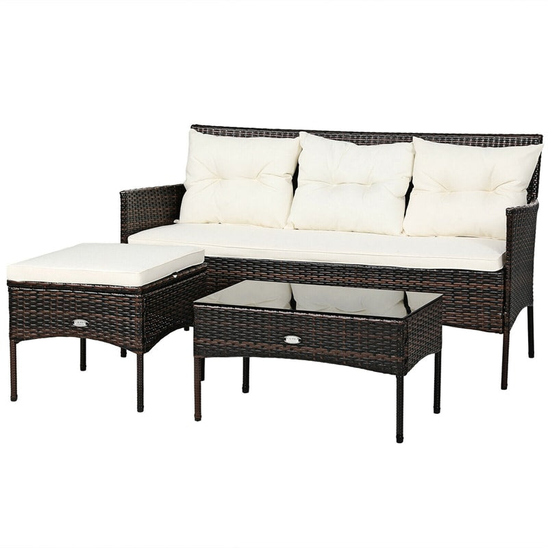 3 PCS Rattan Patio Conversation Set Wicker Outdoor 3-Seat Sofa Seating Group with Tempered Glass Coffee Table, Seat & Back Cushions