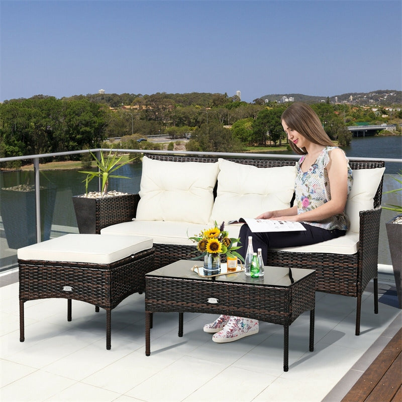 3 PCS Rattan Patio Conversation Set Wicker Outdoor 3-Seat Sofa Seating Group with Tempered Glass Coffee Table, Seat & Back Cushions