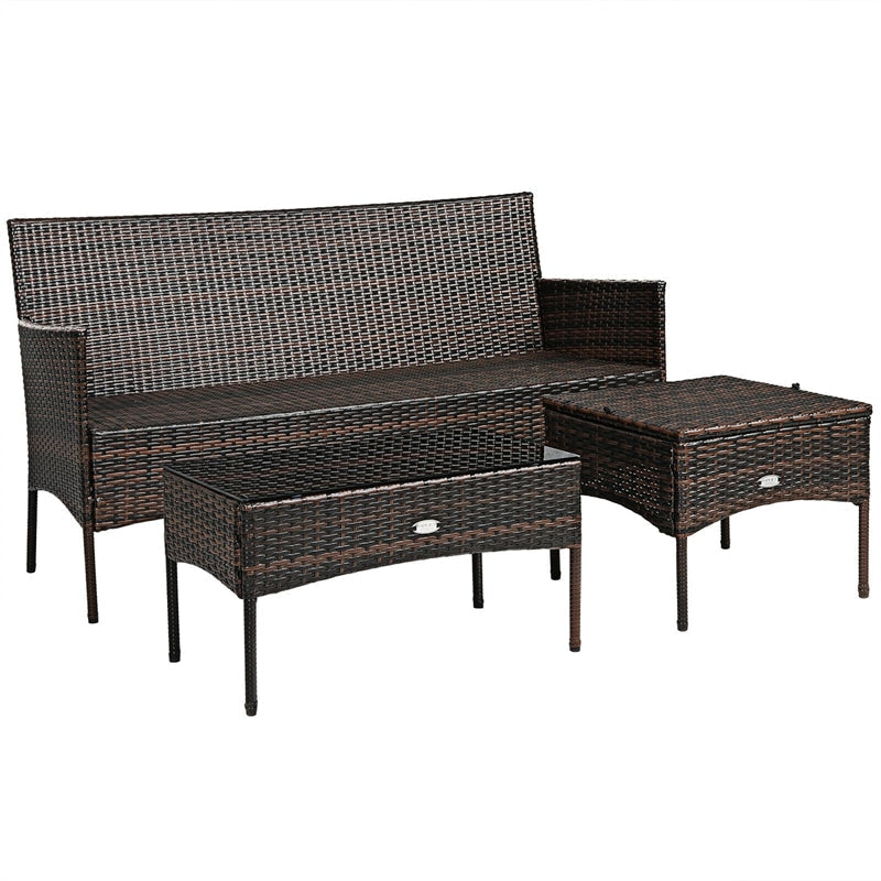 3 PCS Rattan Patio Conversation Set Wicker Outdoor 3-Seat Sofa Seating Group with Tempered Glass Coffee Table, Seat & Back Cushions