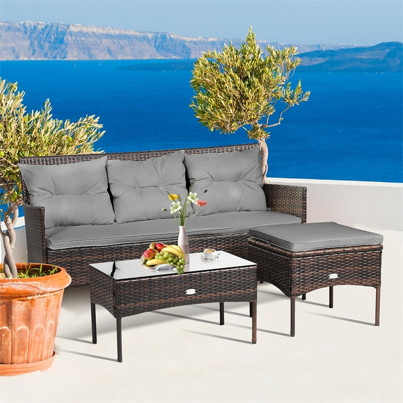 3 PCS Rattan Patio Conversation Set Wicker Outdoor 3-Seat Sofa Seating Group with Tempered Glass Coffee Table, Seat & Back Cushions