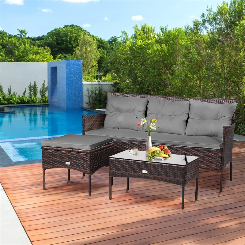 3 PCS Rattan Patio Conversation Set Wicker Outdoor 3-Seat Sofa Seating Group with Tempered Glass Coffee Table, Seat & Back Cushions