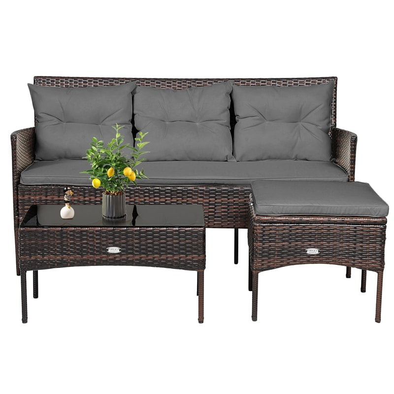 3 PCS Rattan Patio Conversation Set Wicker Outdoor 3-Seat Sofa Seating Group with Tempered Glass Coffee Table, Seat & Back Cushions