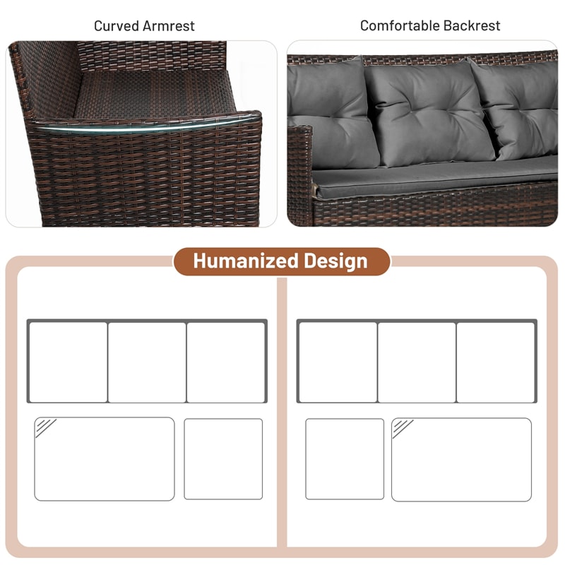 3 PCS Rattan Patio Conversation Set Wicker Outdoor 3-Seat Sofa Seating Group with Tempered Glass Coffee Table, Seat & Back Cushions